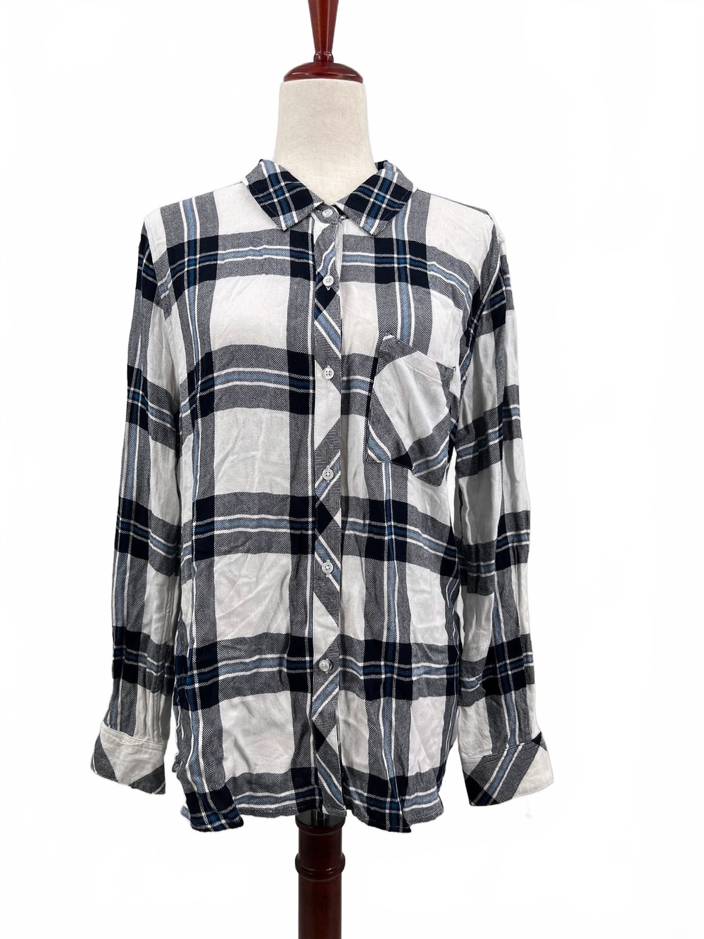 Rails White/Blue Plaid Button-Up Shirt | Rayon Regular L Women’s